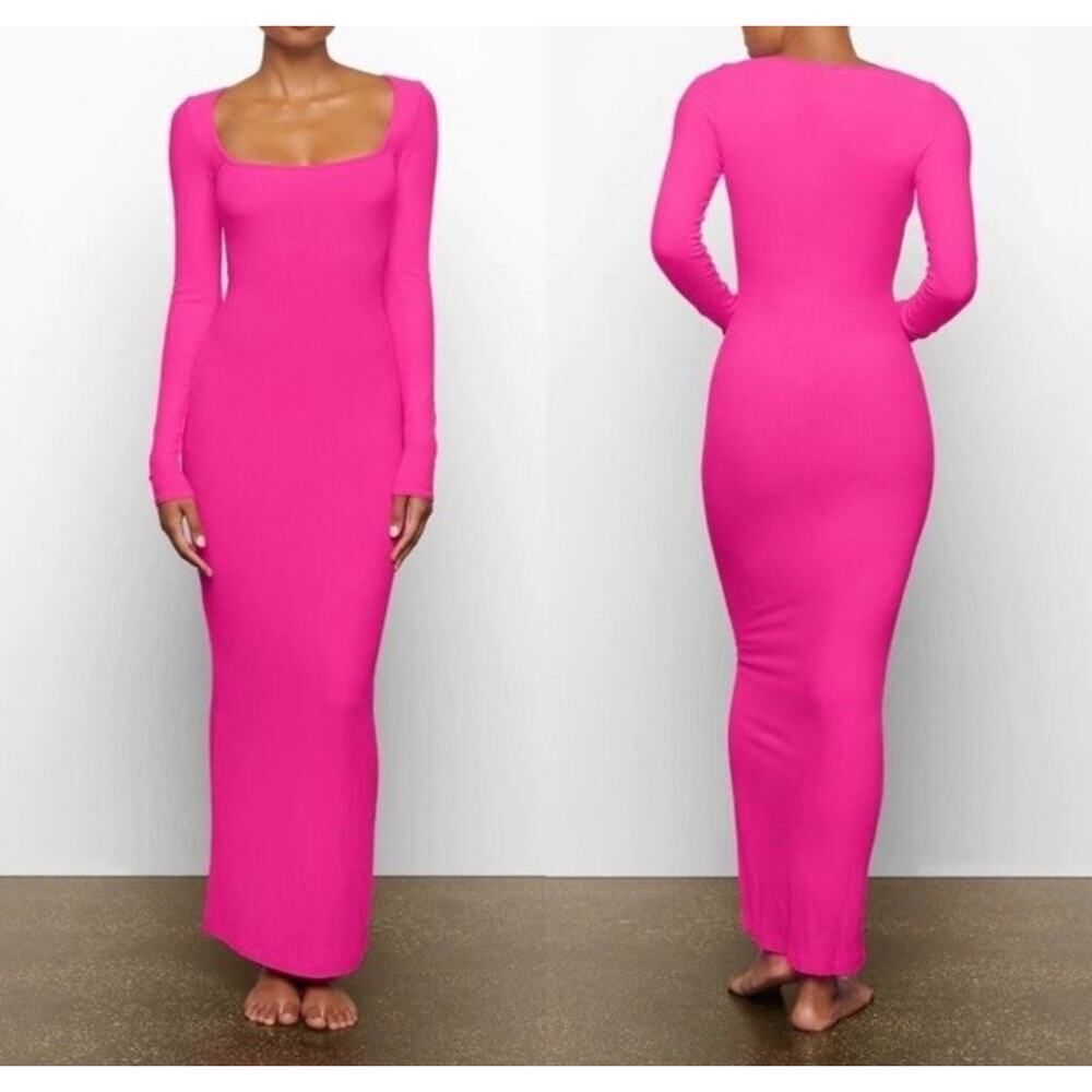 NWT SKIMS Soft Lounge Ribbed Maxi Dress Hot Pink Square Neck Long Sleeve 2XL